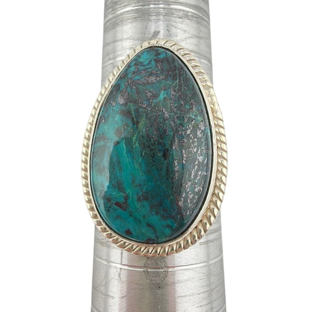 Pear-Shaped Chrysocolla Twisted Rope 925 Sterling Silver Ring Size 8